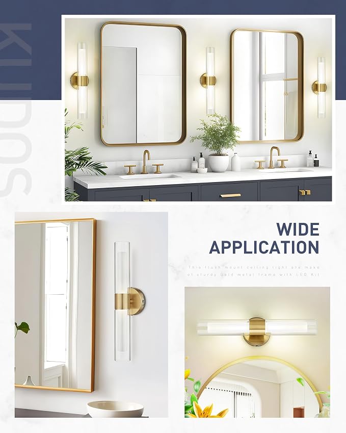 kudos 2-Pack Brushed Gold LED Vanity Lights, Clear and Frosted Glass, 3CCT | 11W,1100 Lumens, 3000K, 4500K and 6000K Selectable, Hardwired, for Bathroom, Bedroom and Over Mirror, KDVL06-GD-2-2PK