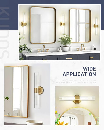 kudos 2-Pack Brushed Gold LED Vanity Lights, Clear and Frosted Glass, 3CCT | 11W,1100 Lumens, 3000K, 4500K and 6000K Selectable, Hardwired, for Bathroom, Bedroom and Over Mirror, KDVL06-GD-2-2PK