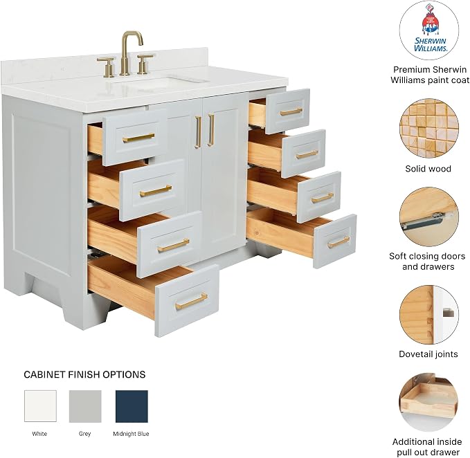 Emilia 48-Inch Bathroom Vanity with Sink — Grey Single Sink Bathroom Vanity, 1.5" Edge Carrara Quartz Countertop, Solid Wood, 2 Soft Closing Doors, 9 Dovetail Drawers