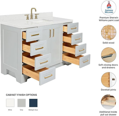 Emilia 48-Inch Bathroom Vanity with Sink — Grey Single Sink Bathroom Vanity, 1.5" Edge Carrara Quartz Countertop, Solid Wood, 2 Soft Closing Doors, 9 Dovetail Drawers