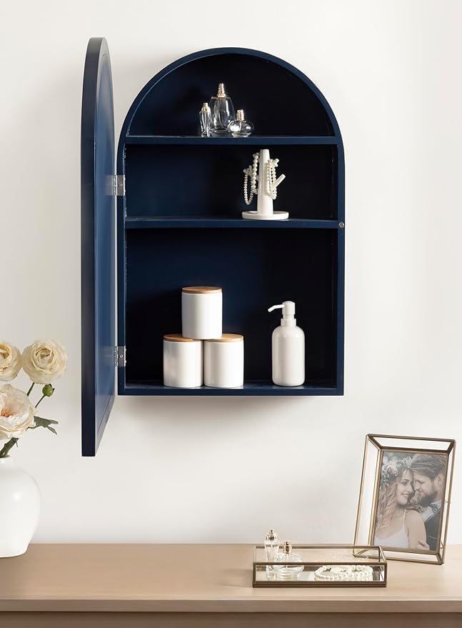 Kate and Laurel Arcott Modern Arched Bathroom Cabinet with Mirror, 20 x 6 x 30, Navy Blue, Coastal Wooden Bathroom Mirror with Storage for Bath Medicine Cabinet or Over-The-Toilet Storage Option