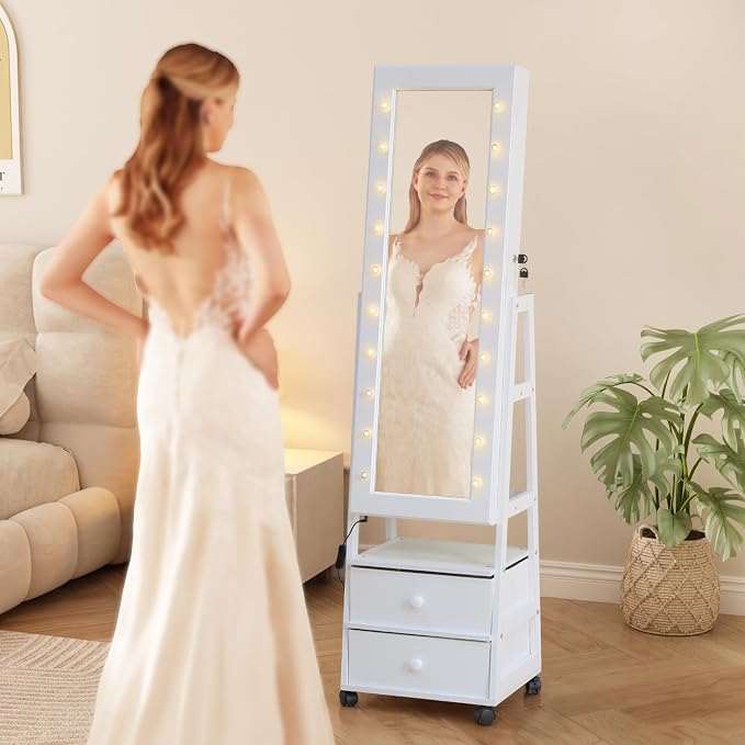 Jewelry Armoire Cabinet Organizer Standing with 20 LED Lights | Lockable Full Length Mirror with Storage Shelves and 2 Drawers (White) Adjustable Tilt Angles Gift for Her