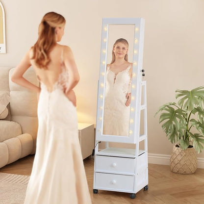 Jewelry Armoire Cabinet Organizer Standing with 20 LED Lights | Lockable Full Length Mirror with Storage Shelves and 2 Drawers (White) Adjustable Tilt Angles Gift for Her