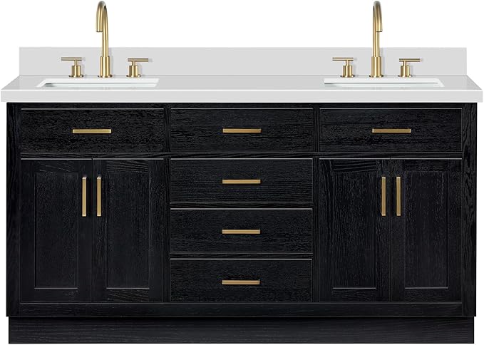 ARIEL Hepburn 66-inch Bathroom Vanity with Sink,Solid Wood, 1.5-inch Pure White Quartz Countertop, Double Rectangular Porcelain Sink, 4 Soft Closing Doors, 6 Dovetail Drawers, Black Oak