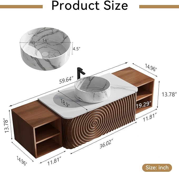 60" Floating Bathroom Vanity with Sink, Mid-Century Wall Mounted Bathroom Vanity Cabinet with Wood Waved Decor,Marble Ceramic Basin and Sintered Stone Top, Soft Close Drawer, 2 Side Open Cube