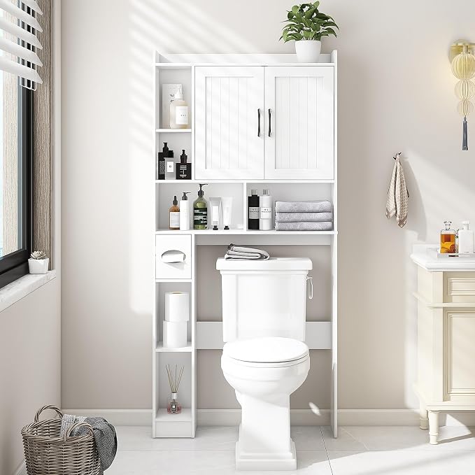 Vabches Farmhouse Over The Toilet Storage Cabinet with Barn Door, White | Storage Cabinet Over Toilet, Home Space-Saving Toilet Rack, for Bathroom, Restroom, Laundry