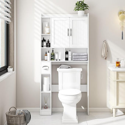 Vabches Farmhouse Over The Toilet Storage Cabinet with Barn Door, White | Storage Cabinet Over Toilet, Home Space-Saving Toilet Rack, for Bathroom, Restroom, Laundry