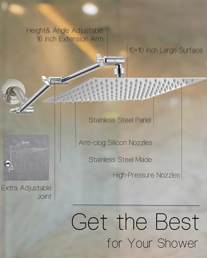 All Metal Rain Shower Head, 10'' High Pressure Rainfall Square Showerhead with 16" Shower Head Extension Arm, Stainless Steel Adjustable Shower Arm Extender, Waterfall fixed Showerheads, Chrome