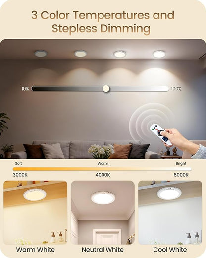 2 Pack Rechargeable Motion Sensor Ceiling Lights with Remote, Wireless Ceiling Light Battery Operated, Magnetic, 3CCT, Dimmable Shower Light, Motion Activated Light for Closet Bathroom Stairs Pantry