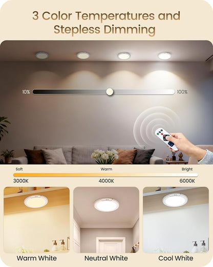 4 Pack Rechargeable Motion Sensor Ceiling Lights with Remote, Wireless Ceiling Light Battery Operated, Magnetic, 3CCT, Dimmable Shower Light, Motion Activated Light for Closet Bathroom Stairs Pantry