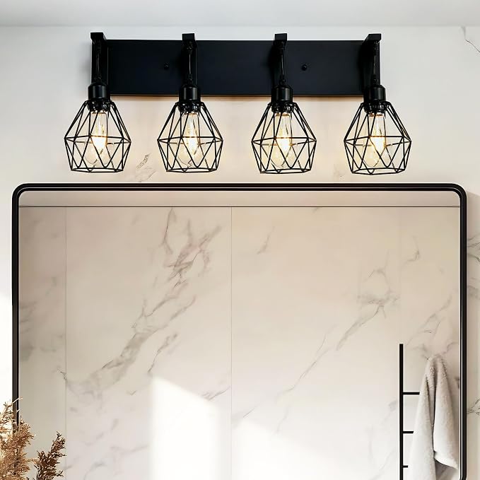 Somniferous 4 Light Bathroom Vanity Light, Farmhouse Bathroom Light Fixtures Over Mirror, Black Vanity Light with Caged Metal Shade, Rustic Wall Light Fixture for Bedroom, Living Room, E26 Socket