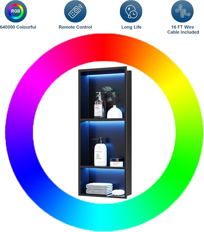 3-Tiers 12x30Inch Wall Niche with RGB LED Lights, Matte Black Recessed Shower Niche Cabinet, Stainless Steel Bathroom Shelf, NO Tile Needed Storage Organizer for Shower wall
