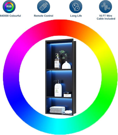 3-Tiers 12x30Inch Wall Niche with RGB LED Lights, Matte Black Recessed Shower Niche Cabinet, Stainless Steel Bathroom Shelf, NO Tile Needed Storage Organizer for Shower wall
