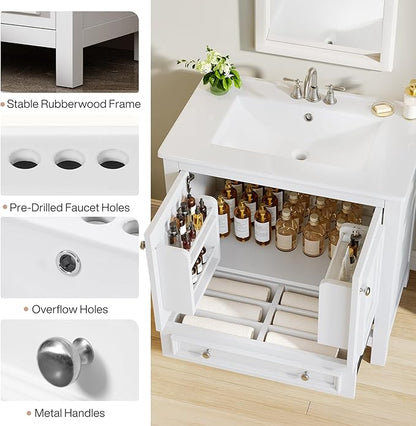 Tribesigns 30" Modern Bathroom Vanity with Sink, Freestanding Bathroom Vanities Cabinet with Ceramic Basin Combo, Bathroom Sink Cabinet with 2 Doors and 1 Drawer, Solid Wooden Frame, Black