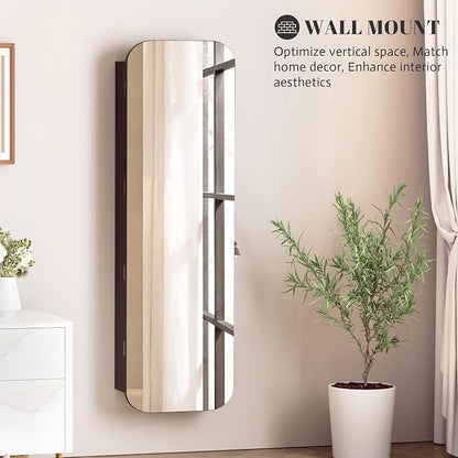Vlsrka 47.2" Wall/Door Mounted Jewelry Cabinet Organizer Armoire W/Mirror | 6 LEDs, Over The Door Hanging Jewelry Organizer with Rounded Corner Mirror, Lockable Full Length Mirror with Storage, Black