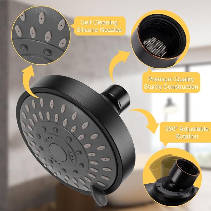AISOSO Shower Head, 5 Modes High Pressure Shower Heads for Relaxed Shower Experience, 4.1 Inch Bathroom Fixed Showerhead Even at Low Water Pressure for Powerful Spray, Oil Rubbed Bronze