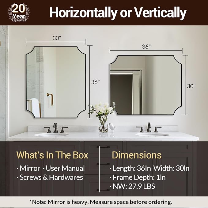 30"x36" Brushed Nickel Vanity Mirror, Scalloped Bathroom Mirror, Silver Rectangle Mirror in Anti-Rust Stainless Steel Metal Thin Frame, Wall-Mounted Mirror (Horizontal/Vertical)