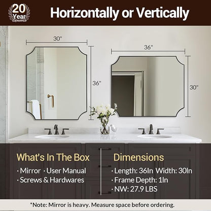 30"x36" Brushed Nickel Vanity Mirror, Scalloped Bathroom Mirror, Silver Rectangle Mirror in Anti-Rust Stainless Steel Metal Thin Frame, Wall-Mounted Mirror (Horizontal/Vertical)