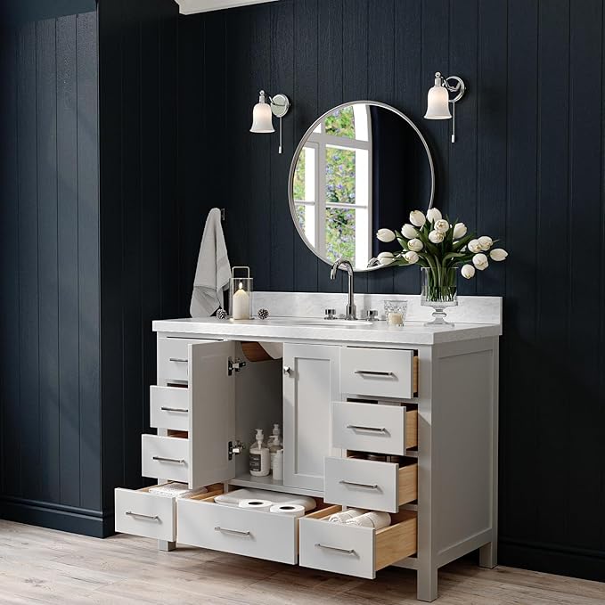 ARIEL Cambridge 48-inch Bathroom Vanity with Sink,Solid Wood, 1.5-inch Italian Carrara Marble Countertop & Backsplash, Single Oval Porcelain Sink, 2 Soft Closing Doors, 9 Dovetail Drawers, Grey