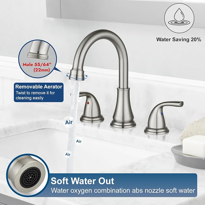 Brushed Nickel Widespread Bathroom Sink Faucet, 3 Hole 8 Inch | Modern Bathroom Faucet 3-Hole,2 Handles,Pop-Up Drain & Supply Lines,Deck Mount Vanity Faucet,1.2 GPM,SUS304 Stainless Steel