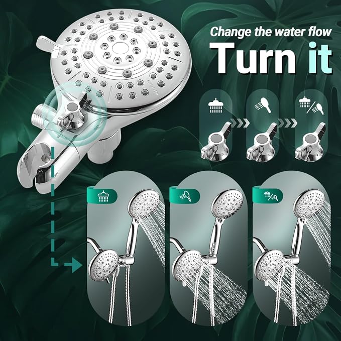 Cobbe® Dual Shower Head Combo, Handheld & Fixed, Chrome | Two Full-Size Shower Heads, 59'' Stainless Steel Hose, Water Saving with 3-Way Water Diverter, Tool-Free Installation