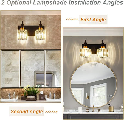 Modern Crystal Bathroom Vanity Light 2-Lights Black and Gold Bathroom Light Fixtures Over Mirror Bath Wall Sconce Lighting with Adjustment Angle