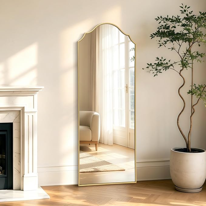 Besdomus Scalloped Full Length Mirror: 21"x56" Gold Arched Floor Mirror | Modern Minimalist Wooden Frame Body Long Mirror for Wall/Bedroom/Cloakroom/Entryway/Living Room - Home Decor for Housewife