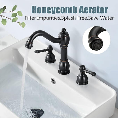 Aolemi 8 Inch Widespread Bathroom Sink Faucet 3 Hole Deck Mount Vanity Basin Mixer Tap with Pop Up Drain Assembly Oil Rubbed Bronze Double Lever Handle