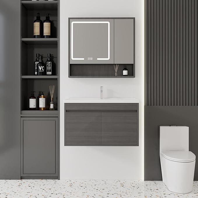 32'' Bathroom Vanity with Ceramic Sink Combo and Medicine Cabinet Mirror with Led Light/Defog, Wall Mounted Small Bathroom Vanity with Soft-Close Door Modern Floating Cabinet, GreyWalnut(No Faucet)