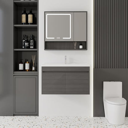 32'' Bathroom Vanity with Ceramic Sink Combo and Medicine Cabinet Mirror with Led Light/Defog, Wall Mounted Small Bathroom Vanity with Soft-Close Door Modern Floating Cabinet, GreyWalnut(No Faucet)