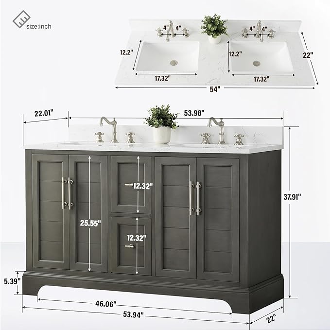 HOMEBEYOND 54 Inch Bathroom Vanity with Double Sink & Ceramic Top, Vanity Cabinet with Center Countertop Basin, Soft-Closing Doors, Backsplash,Sliver Grey