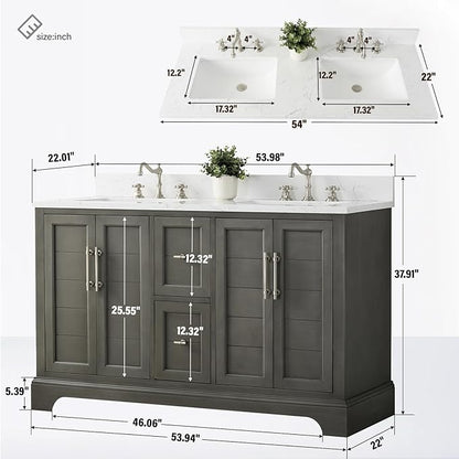 HOMEBEYOND 54 Inch Bathroom Vanity with Double Sink & Ceramic Top, Vanity Cabinet with Center Countertop Basin, Soft-Closing Doors, Backsplash,Sliver Grey