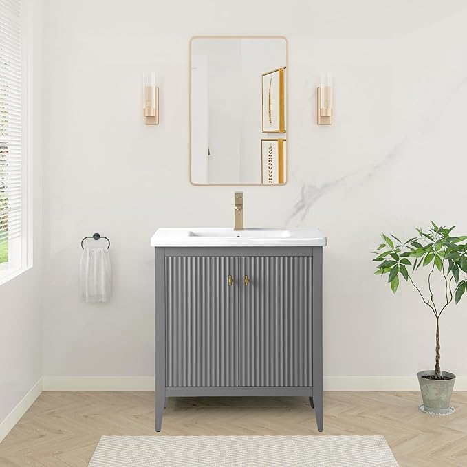HOMEBEYOND 30" Bathroom Vanity with Ceramic Sink, Solid Wood Free-Standing Vanities Cabinet, Ceramic Top, Golden Brushed Handware & Soft Closing Door, Cashmere Gray