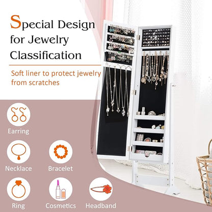 GIANTEX Jewelry Cabinet with Full-Length Mirror, Standing Jewelry Armoire Organizer with 64 Earring Slots, 72 Ring Slots, 20 Necklace Hooks, 4 Storage Shelves, 3 Angle Adjustable (White)