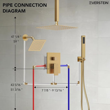 10" High-Pressure Rainfall Shower Faucet, Celling Mount Dual Shower Head System, Brushed Gold