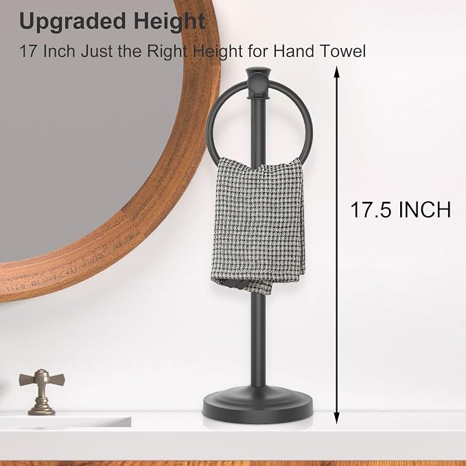Hoimpro Hand Towel Holder Free Standing Towel Bar Matte Black | Hanging Floor Hand Towel Rack Ring, for Bathroom Kitchen Vanity Countertops, Hardware Accessories SUS 304 Heavy-Duty Base