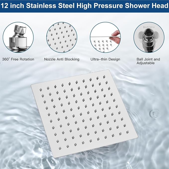 Midanya Shower System with Tub Spout,12 Inch Shower Head,Polish Chrome | with Valve & Trim Kit,Square Rain Head,Handheld Sprayer,Waterfall Spout,All Metal Wall Mount Bathroom Shower Tub Faucet Set
