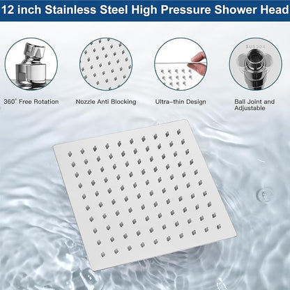 Midanya Shower System with Tub Spout,12 Inch Shower Head,Polish Chrome | with Valve & Trim Kit,Square Rain Head,Handheld Sprayer,Waterfall Spout,All Metal Wall Mount Bathroom Shower Tub Faucet Set