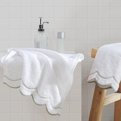 Peri Home 100% Cotton Hand Towel for Bathroom, Embroidered, Soft & Absorbent, 500 GSM, 1 Piece, 16" x 27", White with Sage Scallop | Bathroom, Embroidered, Soft & Absorbent