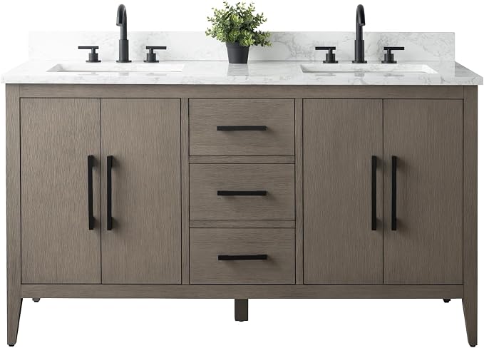 60 Inch Bathroom Vanity with Sink & Ceramic Top, Double Vanity Cabinet with Basin, Soft-Closing Doors & Matte Black Hardware, Driftwood Gray