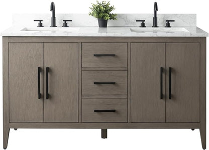 60 Inch Bathroom Vanity with Sink & Ceramic Top, Double Vanity Cabinet with Basin, Soft-Closing Doors & Matte Black Hardware, Driftwood Gray