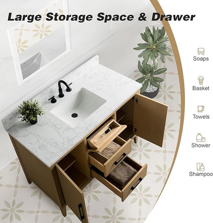 HomeBeyond 48 Inch Bathroom Vanity with Sink & Ceramic Top, Single Vanity Cabinet with Basin, Soft-Closing Doors & Matte Black Hardware, Natural Oak