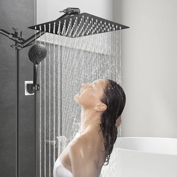 12” Black High/Low Pressure Water Rain Shower Head with 11” Extension Arm | 5 Settings Handheld Shower Head Combo,Powerful Shower Spray - Matte Black, Powerful Shower Spray Against Low Pressure Water