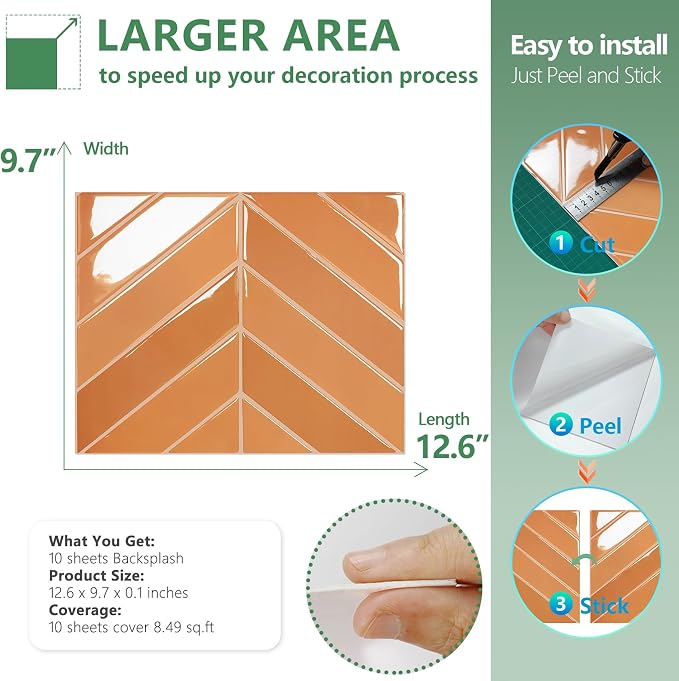 STICKGOO Herringbone Peel and Stick Backsplash, Orange, 10 Sheets | 12.6 x 9.7 in, Thicker Rectangular Vinyl Stick-On Wall Tiles, Easy Alignment, Waterproof, Easy to Clean, Kitchen/Bathroom