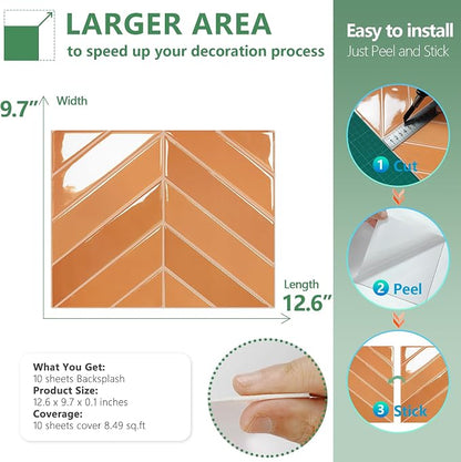 STICKGOO Herringbone Peel and Stick Backsplash, Orange, 10 Sheets | 12.6 x 9.7 in, Thicker Rectangular Vinyl Stick-On Wall Tiles, Easy Alignment, Waterproof, Easy to Clean, Kitchen/Bathroom