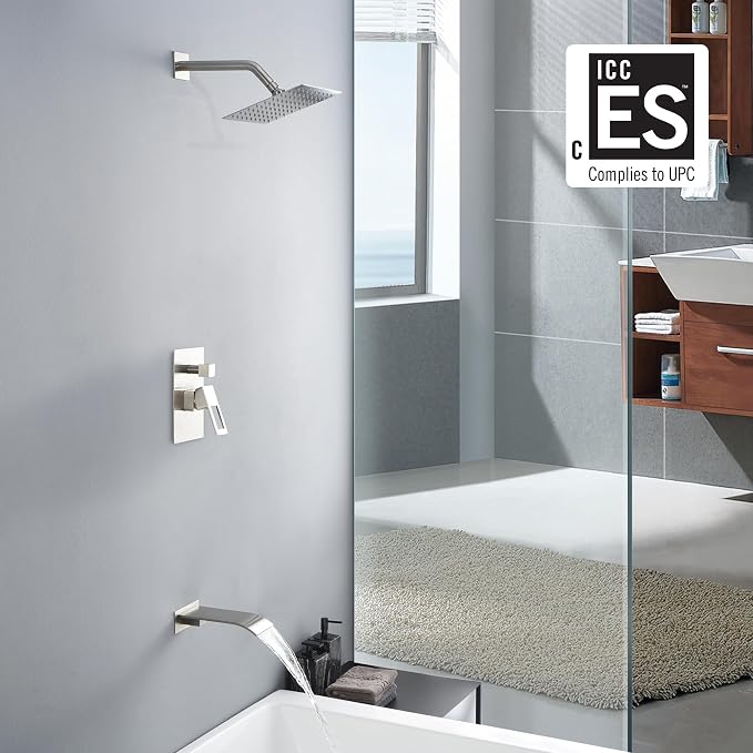 SUMERAIN Tub and Shower Faucet Set Brushed Nickel | Anti-scalding Pressure Balance Valve, 8" Rain Shower Head, Waterfall Tub Spout, With Non-return Check Valves