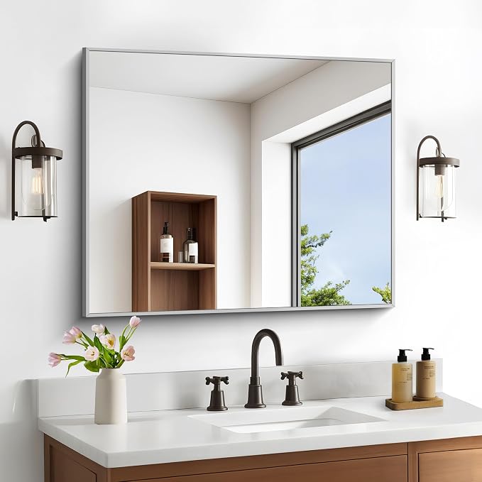 DESBING 30" x 36"Bathroom Mirror, Silver Rectangle Corner Wall Mirror with Metal Frame, Decorative Rectangular Vanity Mirror for Bedroom Bathroom Living Room Entryway (Horizontal/Vertical)