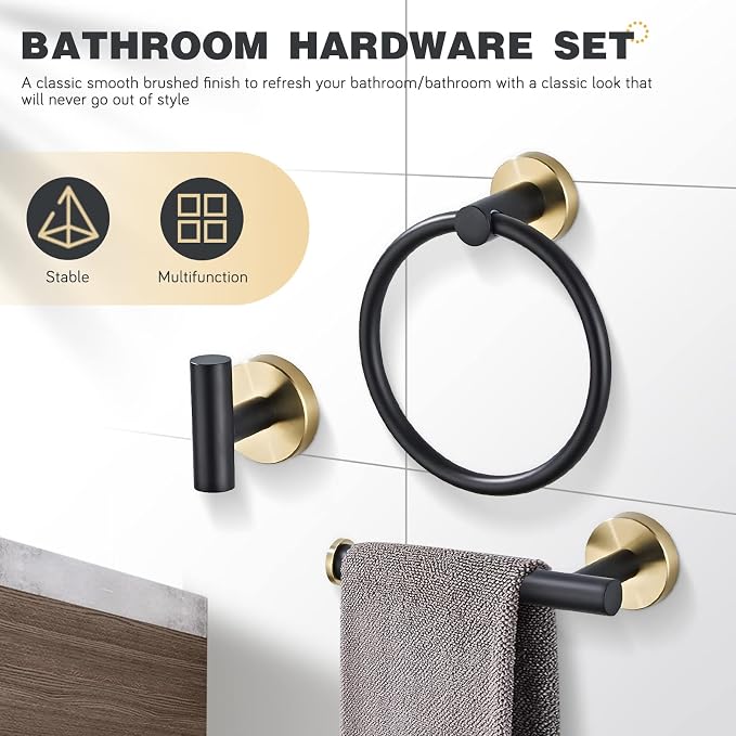 3-Piece Black and Gold Bathroom Hardware Set, Stainless Steel, Wall Mounted | Bathroom accessories set includes hand towel ring, toilet paper holder and robe hook, stainless steel wall-mounted desig