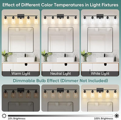 Ascher Bathroom Light Fixtures, 5-Light Vanity Light Over Mirror, Matte Black Wall Sconces with Clear Glass Shades, Wall Lamp for Living Room Bedroom, E26 Base(Bulbs Not Included)