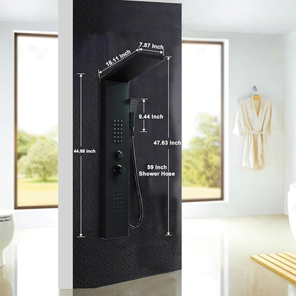 Black Shower Panel Modern Shower Tower System with Full Body Shower Jets System Handheld Spray Wall Mount Shower Panels Faucet